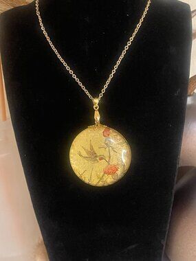 Vintage Hummingbird Necklace Glass Cabochon Pendant 925 Sterling Silver